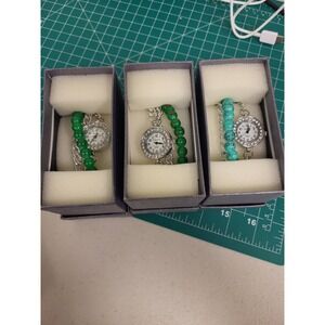 Strada Japan Quartz Womens Watch Lot 3 Beaded Bracelet Silver Rhinestone Analog